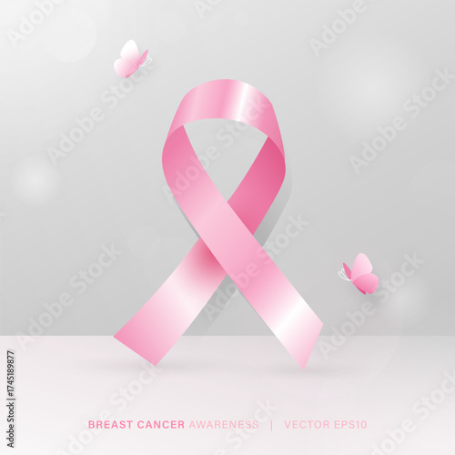 Pink breast cancer awareness ribbon on gray background vector design
