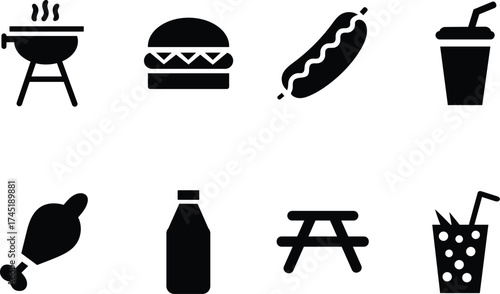 Picnic icons collection for summer barbecue party food and drinks
