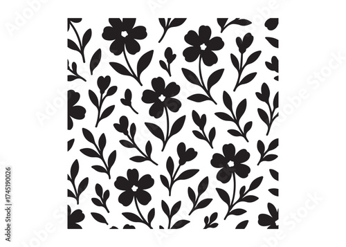 Elegant seamless floral pattern with black flowers and leaves, seamless floral flower Pattern silhouette, black and white flower pattern, seamless flower pattern logo silhouettes vector 