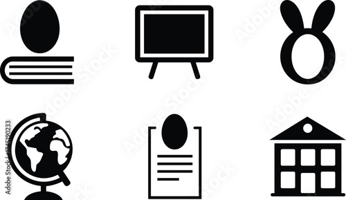 Education and Learning Black Icons Set Knowledge School Study Globe