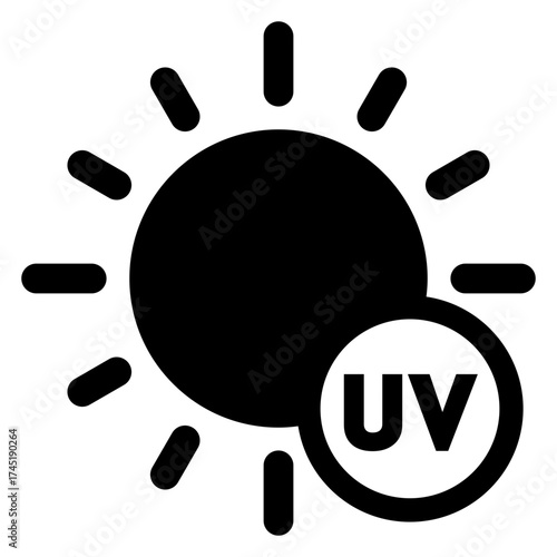 Vacaciones de verano. Logo crema solar. Icono con silueta de sol con texto UV en círculo	