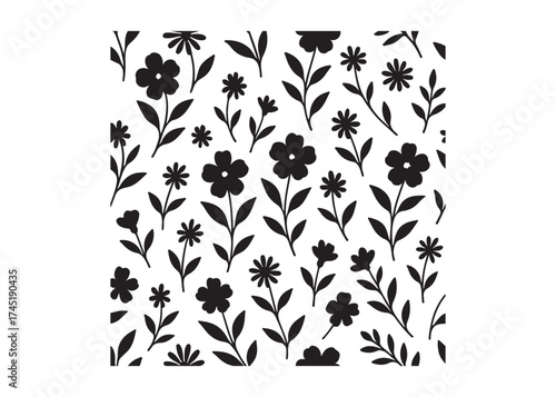 Elegant seamless floral pattern with black flowers and leaves, seamless floral flower Pattern silhouette, black and white flower pattern, seamless flower pattern logo silhouettes vector 