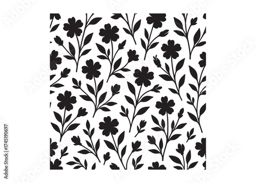 Elegant seamless floral pattern with black flowers and leaves, seamless floral flower Pattern silhouette, black and white flower pattern, seamless flower pattern logo silhouettes vector 