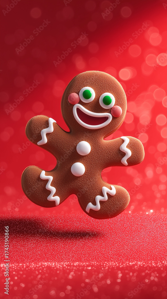 Naklejka premium Cute gingerbread man cookie with icing details on a festive red background. 