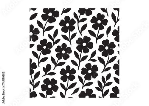 Elegant seamless floral pattern with black flowers and leaves, seamless floral flower Pattern silhouette, black and white flower pattern, seamless flower pattern logo silhouettes vector 