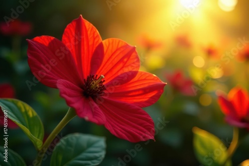 Crimson starbloom, vibrant petals unfurl in sunlit glade , unusual, red, mystery