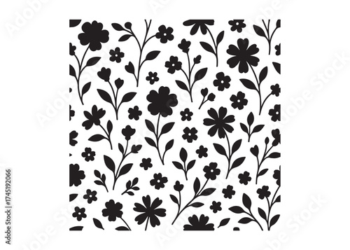 Elegant seamless floral pattern with black flowers and leaves, seamless floral flower Pattern silhouette, black and white flower pattern, seamless flower pattern logo silhouettes vector 