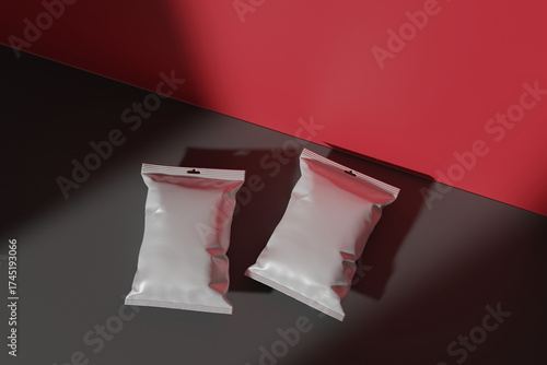 3D render of blank white food packaging with window light and red-white background