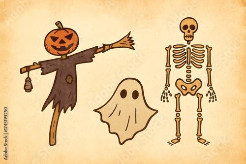 Cute Halloween Icons Set with Ghost, Skeleton, and Scarecrow | Spooky Doodle Illustration for Trick or Treat
