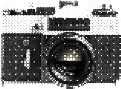 Bitmap Halftone Film Camera. Retro analog photo equipment with dotted texture. Classic photography symbol for design, posters, or creative projects.