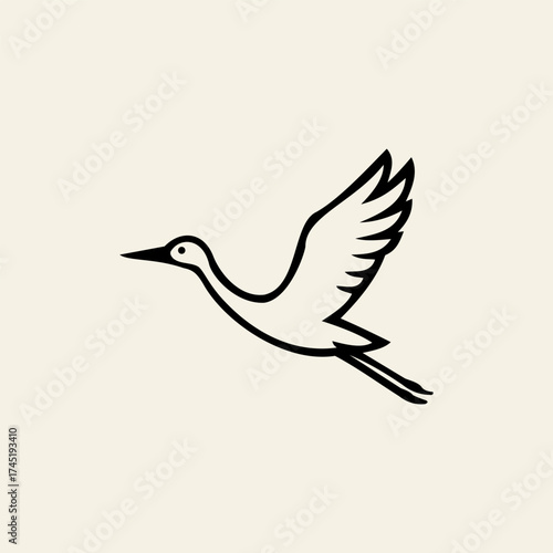 Minimalist black outline illustration of a flying crane bird with spread wings