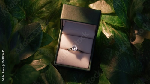 Wallpaper Mural Diamond ring in box amidst green foliage. Artificial intelligence image Torontodigital.ca