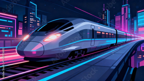 Futuristic Bullet Train Passing Through Neon City at Night