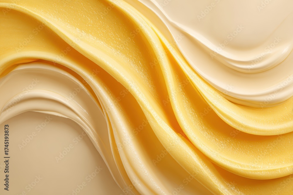 Fototapeta premium Yellow and white cream swirls, shiny and smooth, filling the frame. Use it for dessert, skincare, or abstract backgrounds for projects.