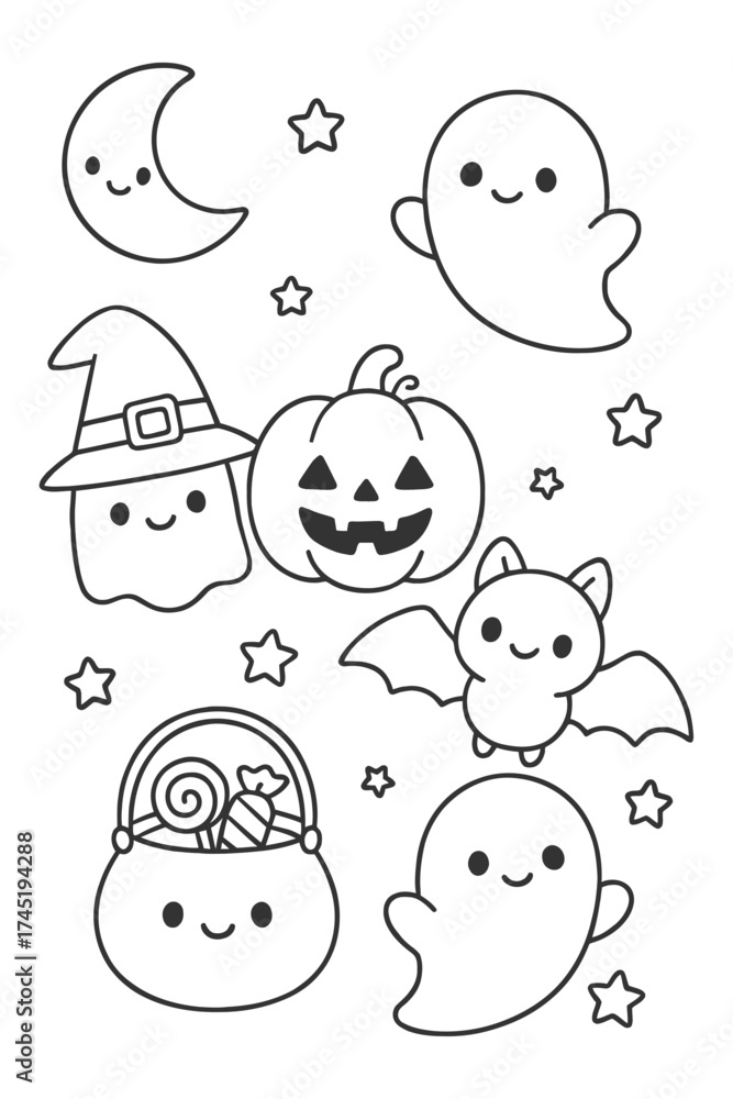 Fototapeta premium Funny vector illustration set of cartoon character face - Halloween doodle coloring