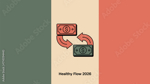 Illustration of money exchange with arrows on a background resembling the mexican flag colors