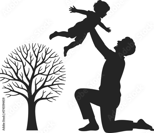 Black Silhouette of a Father Kneeling and Tossing his Young Child in the Air, Vector Graphic Symbolizing Family Love, Paternal Joy, Happy Childhood, and Outdoors Fun.
