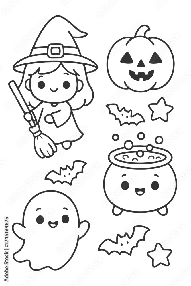 Naklejka premium Funny vector cartoon illustration set of Halloween characters for a child's coloring book