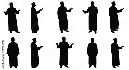 Silhouettes of people wearing traditional robes in various praying poses