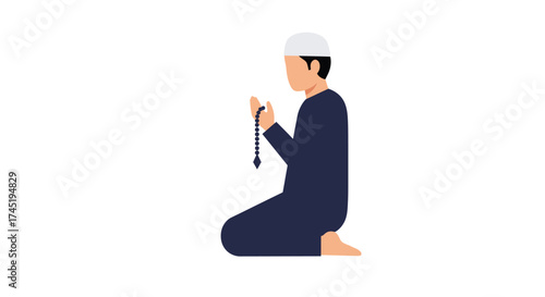 A muslim man kneeling in prayer with prayer beads in hand