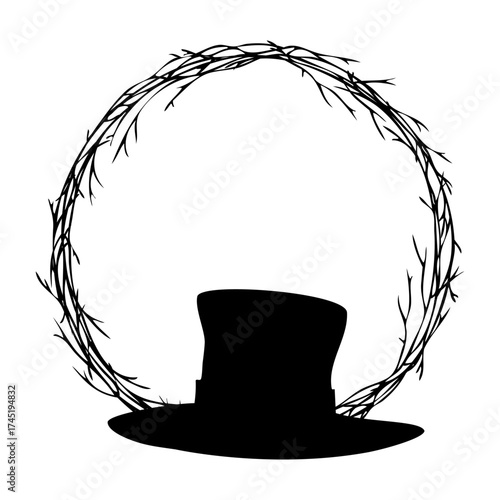 Logo con silueta de viejo sombrero en corona circular de ramas de árbol para tarjetas y felicitaciones de Halloween 