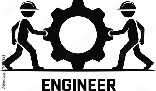 Black Pictogram of Two Hard-Hatted Engineers Pushing a Large Cogwheel, Vector Graphic Symbolizing Engineering Teamwork, Mechanical Industry, Labor, and Technical Collaboration.