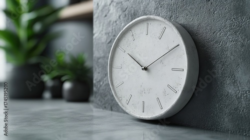 Wallpaper Mural Minimalist white wall clock on gray textured wall with black hands surrounded by green plants in clean modern interior design Torontodigital.ca