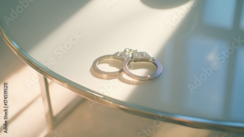 Wallpaper Mural Handcuffs on reflective table in soft light. Artificial intelligence image Torontodigital.ca
