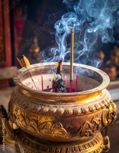 Incense burning in a golden bowl.  Smoke curls upwards