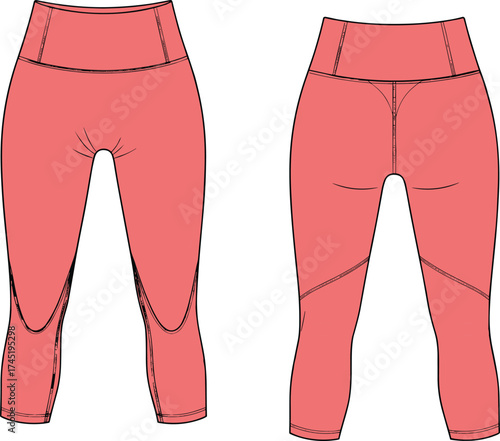 Athletic leggings technical drawing, front and back views with high waistband, contour seams, curved panels, yoke shaping, fashion vector, garment construction asset