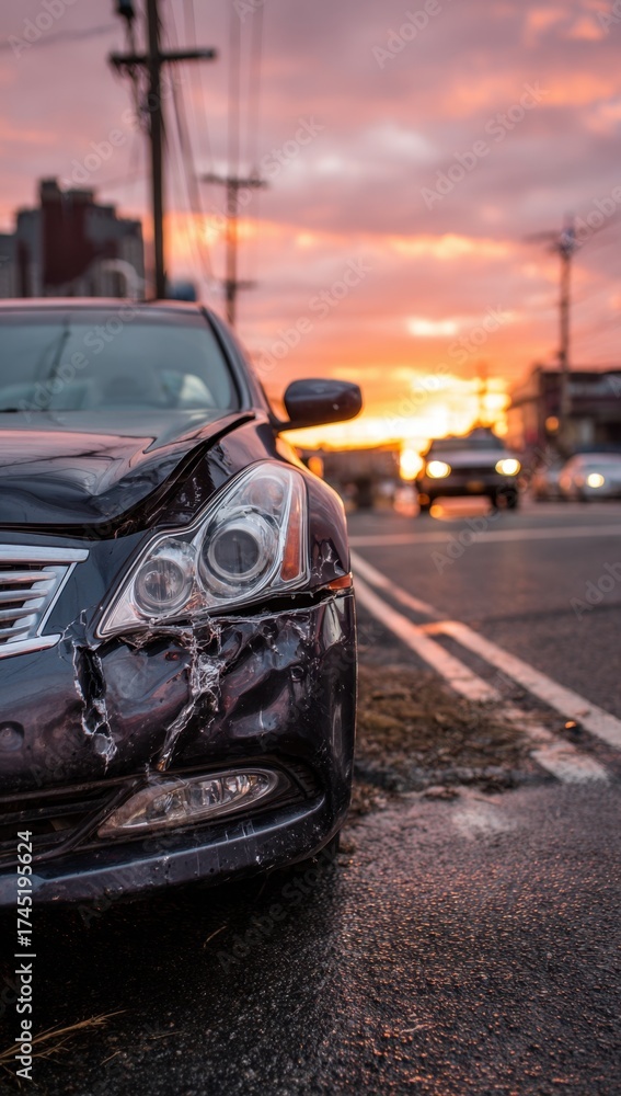 Fototapeta premium Damaged black sedan with front-end collision on urban street during sunset