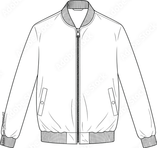 Bomber jacket illustration, front zipper closure, slanted flap pockets, ribbed collar and cuffs, fashion garment vector, technical outerwear sketch