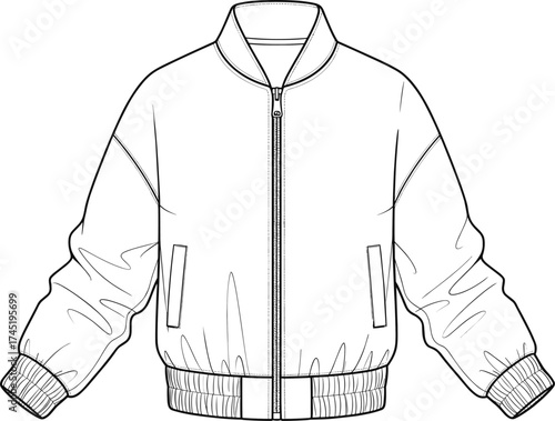 Bomber jacket illustration, front zipper closure, vertical slit pockets, ribbed cuffs and waistband, puffed sleeve design, fashion garment vector