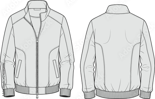 Bomber jacket illustration, raglan sleeve design with vertical side pockets, ribbed collar and cuffs, clean back view, fashion garment vector, technical sketch