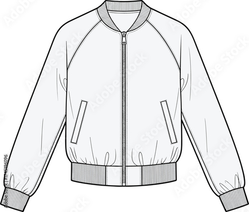 Bomber jacket illustration, raglan sleeves with ribbed collar, cuffs and waistband, slanted front pockets, fashion garment vector, technical sketch template