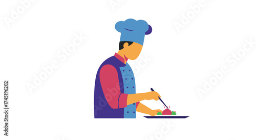 A professional chef preparing a colorful dish with precision and care