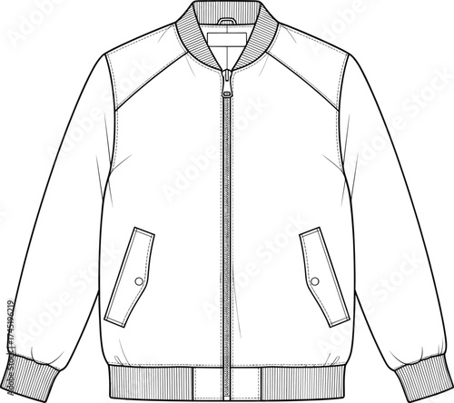 Bomber jacket illustration, raglan sleeves with ribbed collar, cuffs and hem, flap pockets with button closure, fashion garment vector, technical sketch