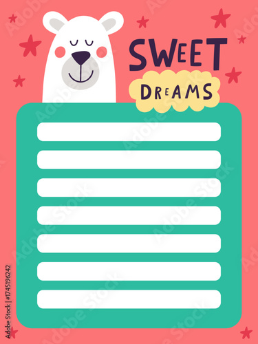 Cute bear sleeping on notepad with sweet dreams text