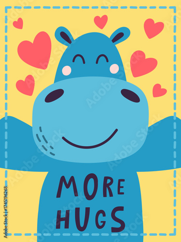 Cute hippo offering hugs with heart shapes