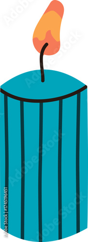 Blue striped candle burning producing a flame