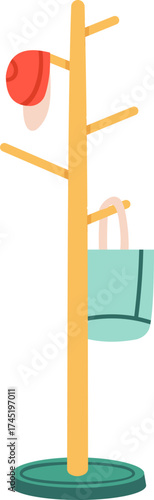 Wooden coat rack holding hat and bag