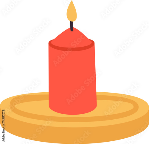 Red burning candle on a golden holder providing light