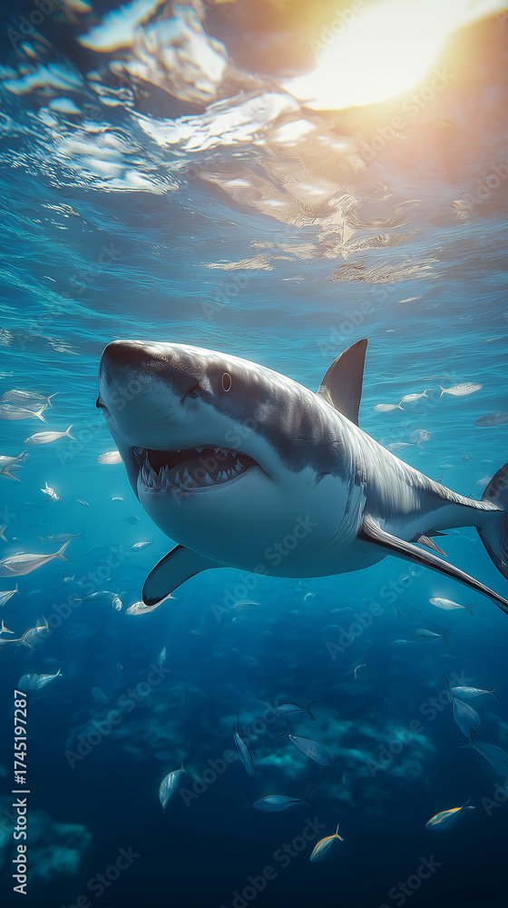 Obraz premium Great white shark swimming underwater with sunlight streaming through the ocean surface. 