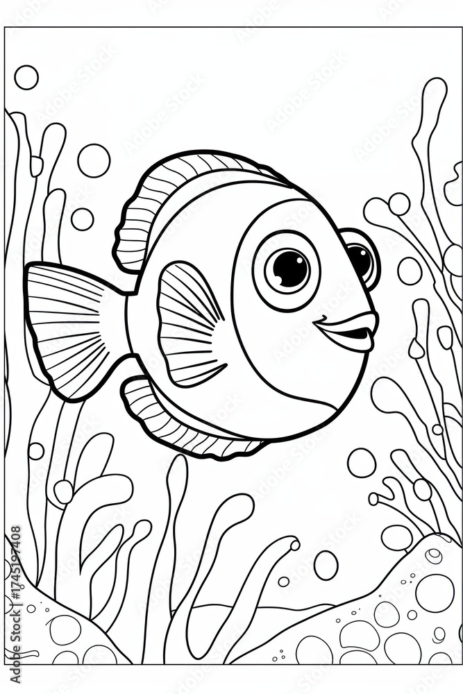Fototapeta premium Colorful fish swimming among seaweed and bubbles in a playful underwater scene coloring pages concept