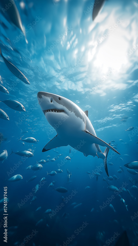 Obraz premium Great white shark swimming underwater with sunlight streaming through the ocean surface. 