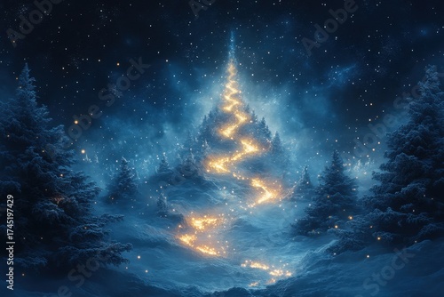 Christmas tree in snowy forest.