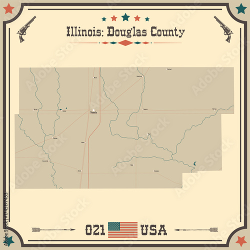 Large and accurate map of Douglas County, Illinois, USA with vintage colors.