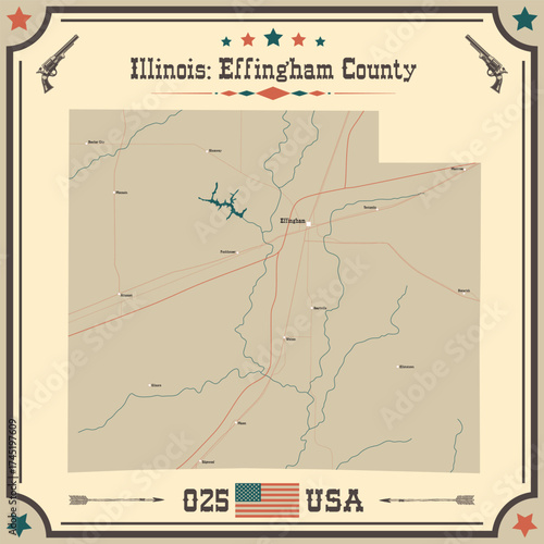Large and accurate map of Effingham County, Illinois, USA with vintage colors.