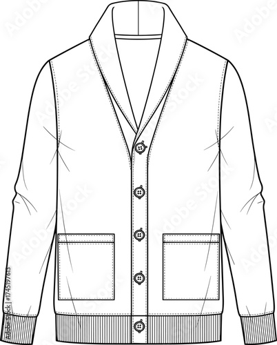 Cardigan sweater illustration, shawl collar with button-down front and patch pockets, ribbed cuffs and hem, fashion garment vector, technical sketch