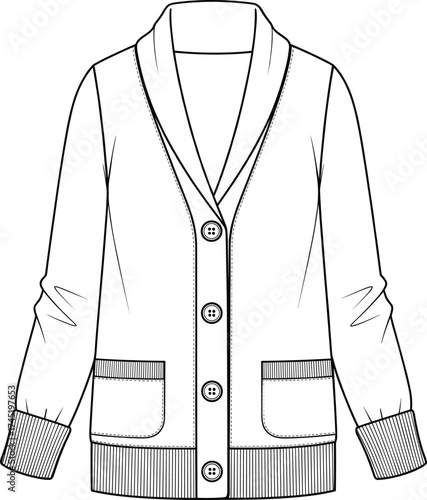 Cardigan sweater illustration, shawl collar with button-down front, ribbed cuffs and hem, patch pockets, fashion garment vector, technical sketch
